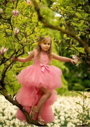 Bright Pink Satin Tulle High Low Flower Girl Dress
